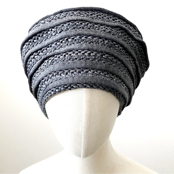 Vintage 50s Raffia Hat Navy Blue Round Swirl Beret - Picture 3 of 6